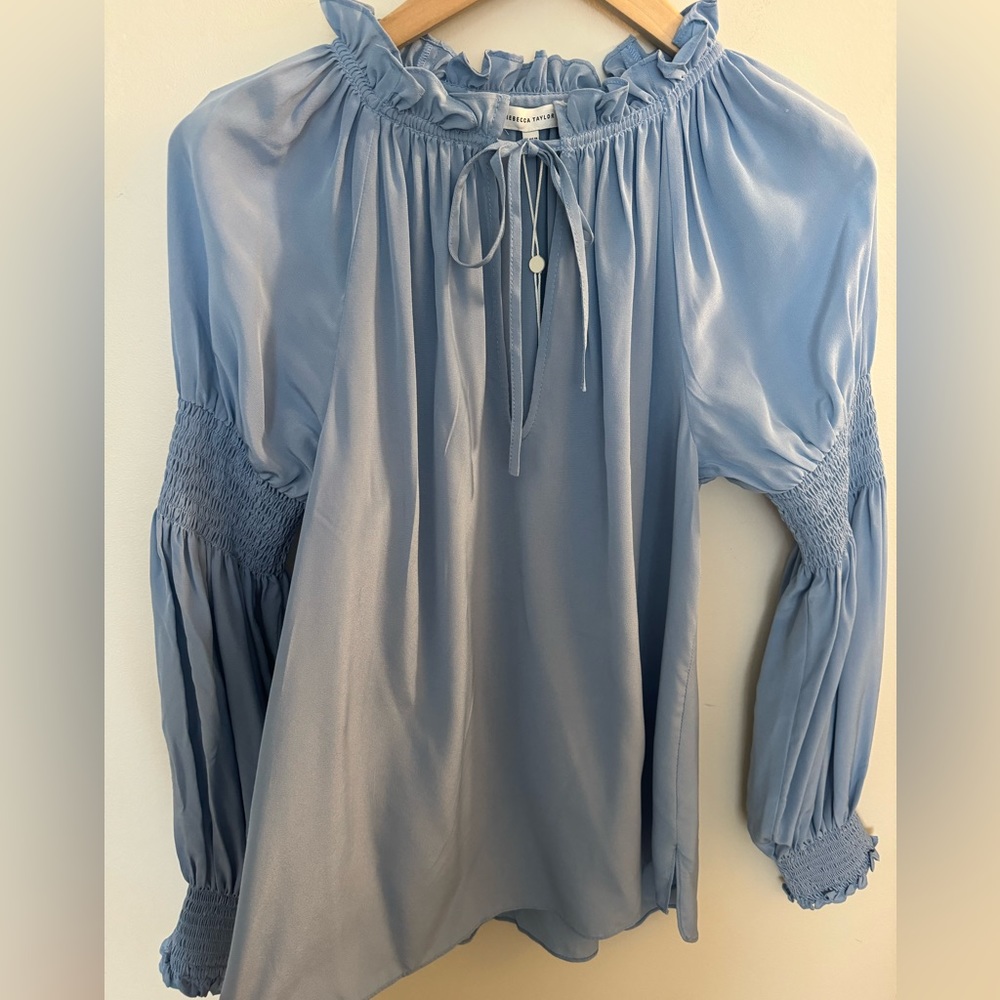 Rebecca Taylor Soft Blue Silk Long Sleeve Blouse 2 NWT